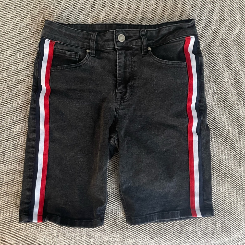 ASOS black denim stretch shorts with red/white/navy stripes down side